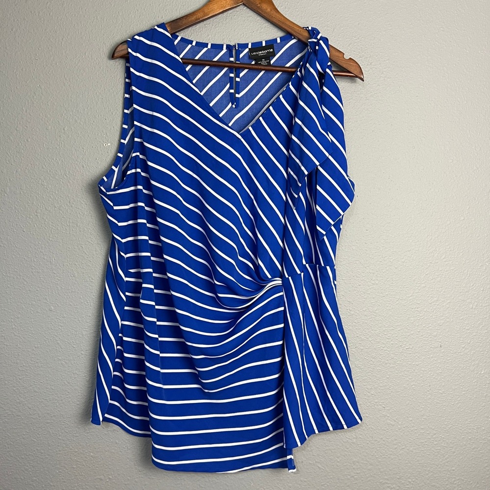 Liz Claiborne Striped Asymmetrical Knot Shoulder Blouse Sleeveless Blue Size 1X